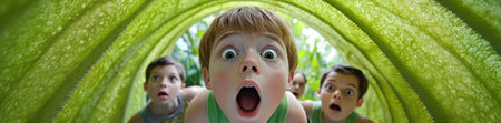 Curious children explore a vibrant green tunnel with wide-eyed wonder and excitement, AIの素材