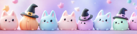 Adorable pastel kittens in witch hats celebrate Halloween with charm and whimsy, AIの素材