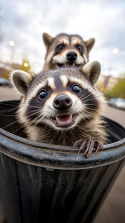 Playful raccoons peek out of a trash can, showcasing their curious and mischievous nature, AIの素材