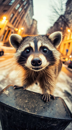 Curious raccoon peeks over a city trash can, eyes wide with wonder, AIの素材