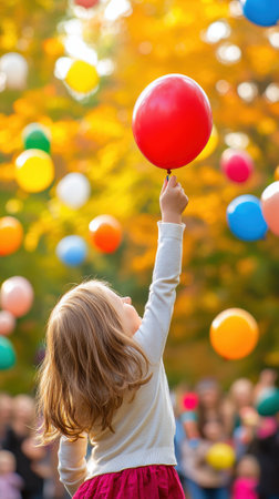 A young girl reaches for a red balloon amidst a colorful autumn backdrop, AIの素材