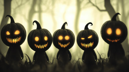 Eerie pumpkin figures with glowing eyes stand in a misty, haunted forest, AIの素材