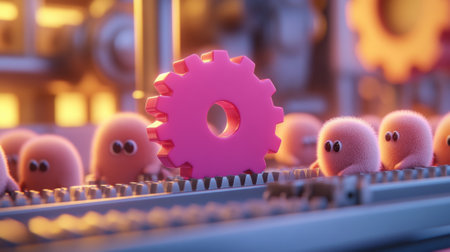Adorable fuzzy creatures on a conveyor belt with a bright pink gear, AIの素材