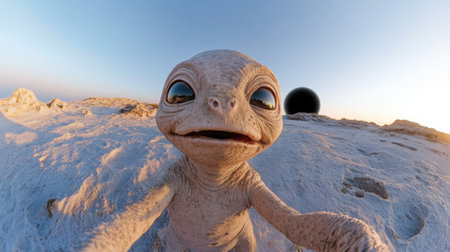 Alien creature takes a selfie on a barren, otherworldly landscape at sunset, AIの素材