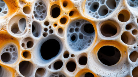 Intricate close-up of porous sponge-like structure with vibrant orange and blue hues, AIの素材
