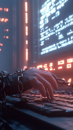 A chained hand types on a keyboard in a dimly lit, futuristic setting, AIの素材
