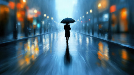 A solitary figure with an umbrella walks through a rainy, illuminated city street, AIの素材