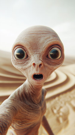 Alien taking a selfie in a vast desert landscape with sand dunes in the background, AIの素材