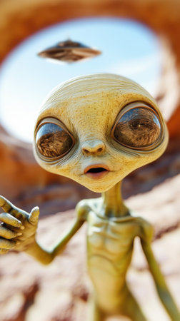Alien with large eyes gestures in a desert landscape with a UFO in the sky, AIの素材