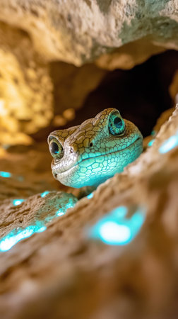 Gecko peeking from a rocky crevice, illuminated by glowing blue bioluminescent spots, AIの素材