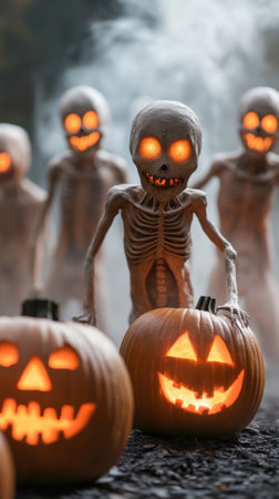 Creepy skeletons and glowing jack-o-lanterns create a spooky Halloween scene, AIの素材