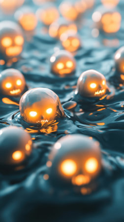 Glowing orbs with eerie faces float on a dark, reflective liquid surface, AIの素材