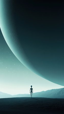 A lone figure gazes at a massive planet under a starry sky, evoking wonder and solitude, AIの素材