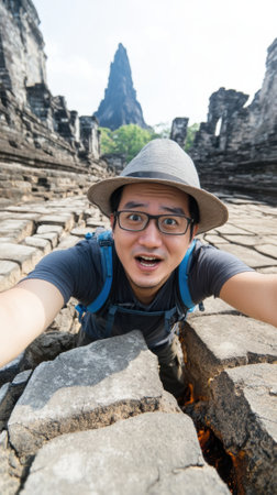 Adventurous traveler takes a selfie amidst ancient ruins with a towering peak behind, AIの素材