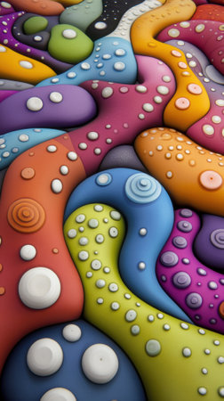 Colorful abstract art with swirling patterns and textured dots creates a vibrant display, AIの素材