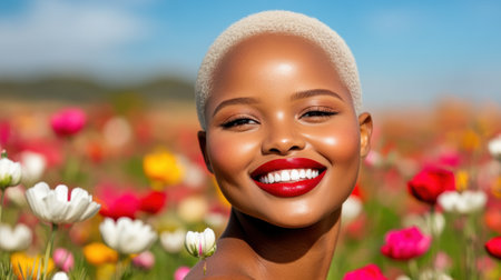 Smiling woman with short blonde hair in a vibrant flower field under a clear blue sky, AIの素材