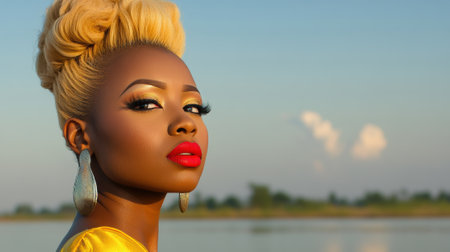 Elegant woman with bold makeup and blonde updo gazes confidently at the camera, AIの素材