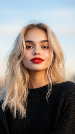 Blonde woman with red lipstick smiling against a clear sky backdrop, AIの素材