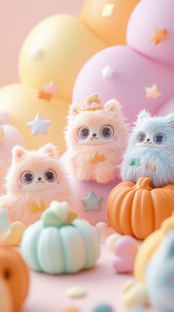 Adorable pastel plush toys surrounded by colorful pumpkins and stars, AIの素材