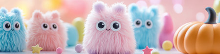Adorable pastel plush creatures with big eyes sit among colorful decorations, AIの素材