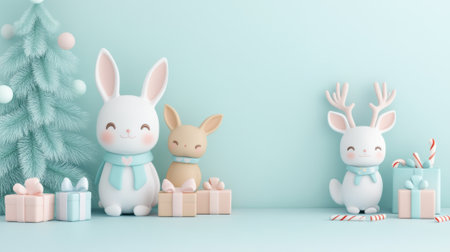 Adorable winter scene with cute animals and gifts in pastel colors, AIの素材