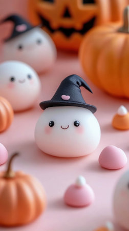 Adorable ghost figurines with witch hats surrounded by pumpkins and candy, AIの素材