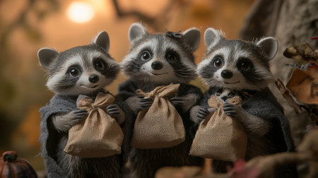 Three adorable raccoons hold burlap sacks, surrounded by autumn leaves and warm light, AIの素材