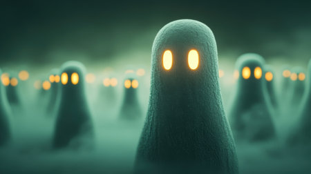 Friendly glowing ghosts float in a misty, mysterious landscape, AIの素材