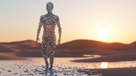 A shimmering figure made of reflective particles walks through a desert at sunset, AIの素材