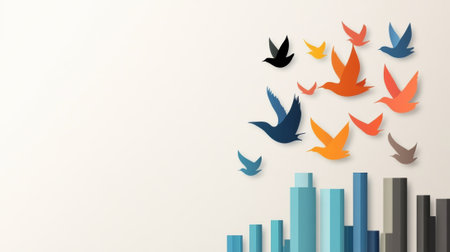 Colorful paper birds soar above a cityscape, symbolizing freedom and creativity, AIの素材