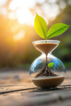 A young plant grows inside an hourglass, symbolizing time and natures resilience, AIの素材
