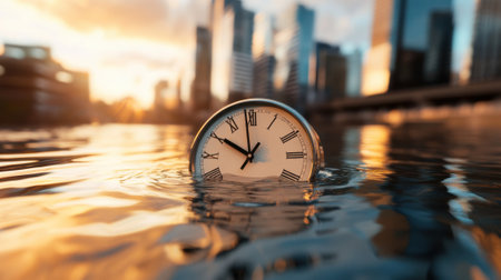 A clock partially submerged in water against a cityscape at sunset, AIの素材
