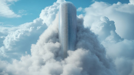 Towering skyscraper pierces through dense, fluffy clouds against a bright blue sky, AIの素材