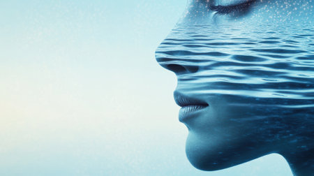 A serene face blends seamlessly with tranquil ocean waves, evoking a sense of calm, AIの素材