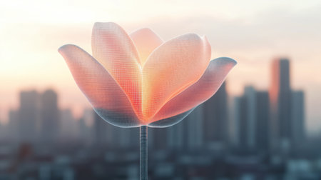 A luminous flower sculpture glows against a city skyline at dusk, AIの素材