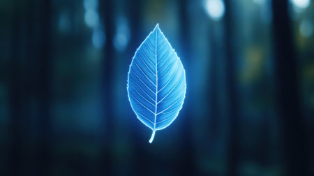 Glowing blue leaf in a mystical forest setting, AIの素材