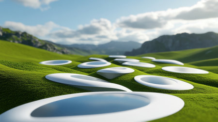 Futuristic landscape with white circular structures on lush green hills, AIの素材