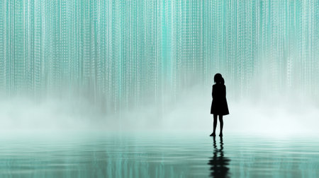 A silhouette stands against a digital rain of binary code, evoking a futuristic ambiance, AIの素材