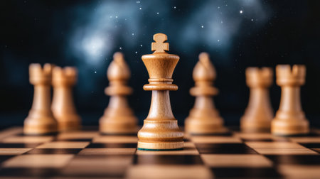 King chess piece stands prominently on a board, surrounded by pawns under a starry sky, AIの素材
