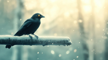 A mystical raven perches on a frosty branch, glowing eyes piercing the winter mist, AIの素材