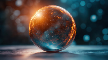 Glowing orb with fiery and cosmic patterns on a reflective surface, AIの素材