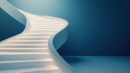 Curved staircase with glowing steps in a minimalist blue setting, AIの素材