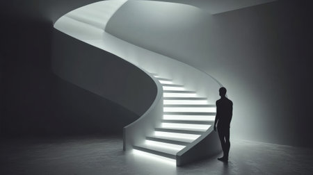 A lone figure stands by a futuristic, illuminated spiral staircase in a dimly lit space, AIの素材