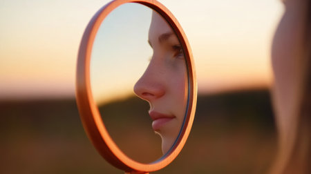 A young woman gazes into a round mirror, reflecting a serene sunset landscape, AIの素材
