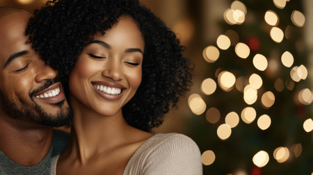 Smiling couple enjoying a festive moment by a beautifully lit Christmas tree, AIの素材