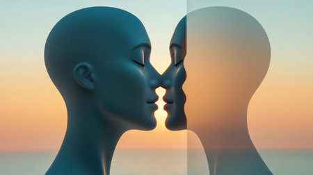 Two abstract faces almost kissing against a serene sunset backdrop, AIの素材