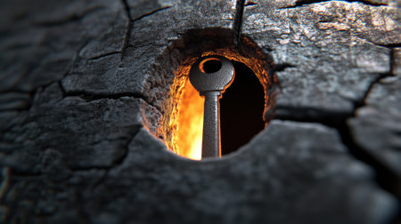 Keyhole view reveals a fiery glow, symbolizing mystery and hidden secrets, AIの素材