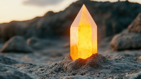 Glowing crystal shard illuminates a rocky landscape at dusk, AIの素材