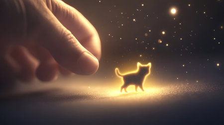A hand reaches for a glowing, miniature cat in a magical, starry atmosphere, AIの素材