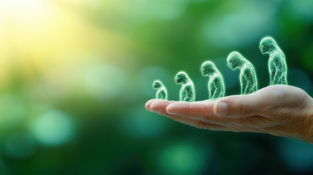 Evolutionary journey depicted as glowing figures on a hand against a green backdrop, AIの素材